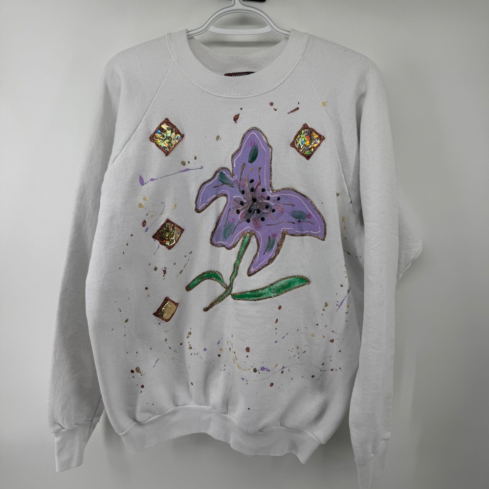 Vintage 90s Hand Painted Floral Sweatshirt Womens OS‎ Cottagecore Embellished